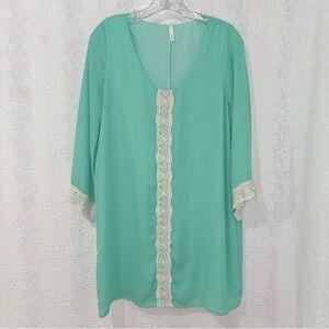 Sage Mint Green Lace Trim Lined Tunic Blouse MED Boho Cottagecore Romantic Top
